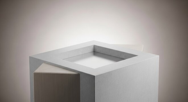 Minimalist architectural structure displays a geometric cube design with metallic and concrete textures.