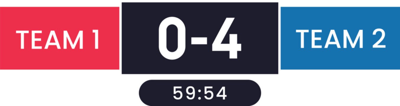 Sports scoreboard graphic team 1 zero team 2 four time remaining displayed