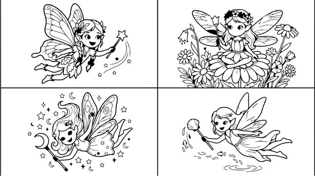 Fairies With Magic Wands And Flowers Black And White Vector Illustration