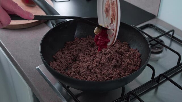 Footage of the preparation of bolognese sauce adding herbs through its various stages to completion adding puree and herbs.