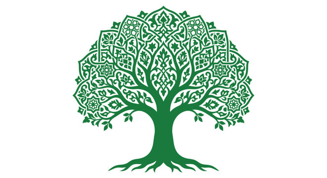 Intricate green tree of life illustration on a white background