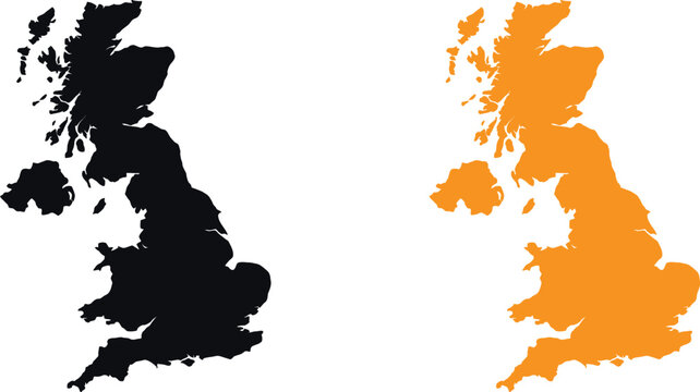 Black and orange silhouette map of the united kingdom and ireland