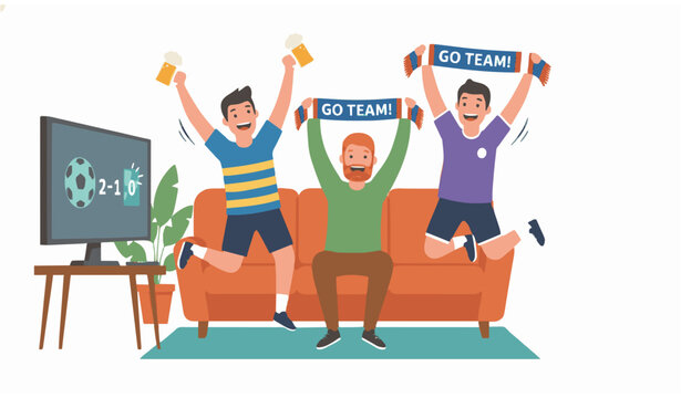 Excited male fans jumping from sofa with beer and scarf celebrating goal flat vector illustration