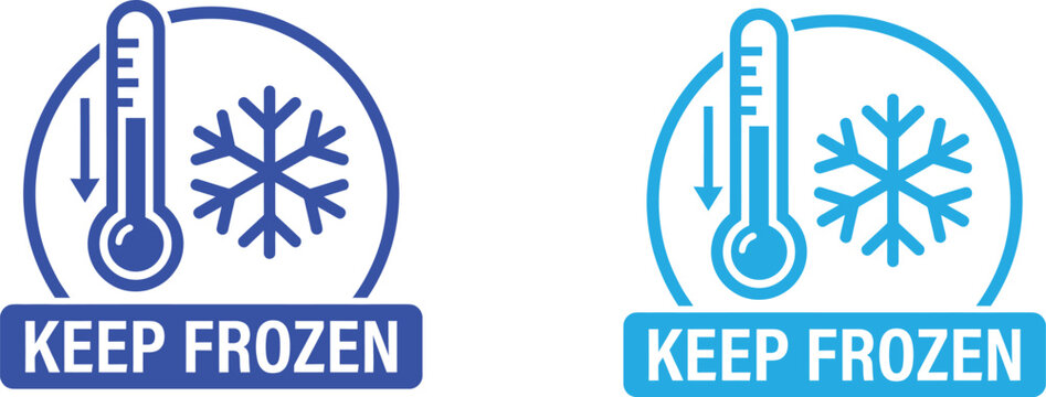 Keep frozen label icon set with thermometer and snowflake symbol for food packaging design