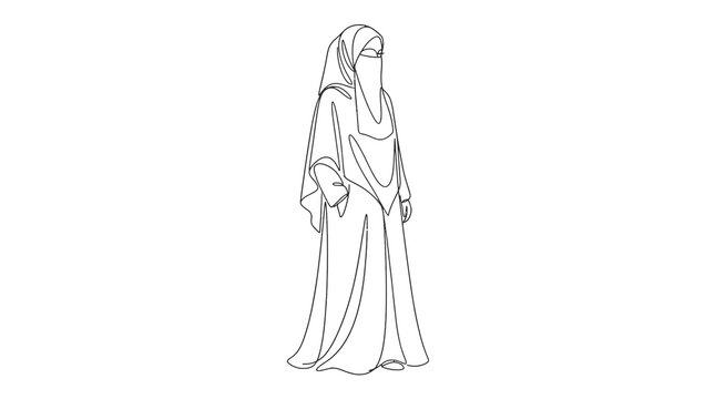 A woman wearing a niqab standing confidently in a simple outfit and headscarf