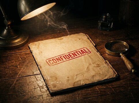 Old Confidential File Folder Lying on Detective Desk with Lamp