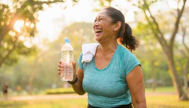 Smiling mature woman holding water bottle during outdoor exercise in park