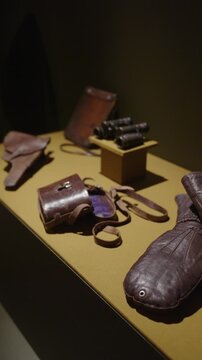 Vintage Military Binoculars And Leather Case Exhibit
