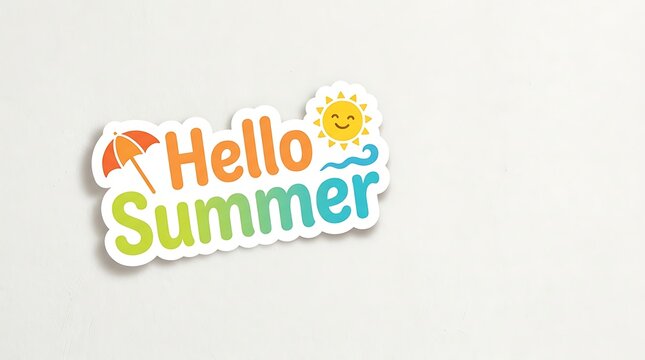 Colorful hello summer text design with playful sun umbrella and waves graphics creating a vibrant and happy greeting for warm weather season and vacation vibes.