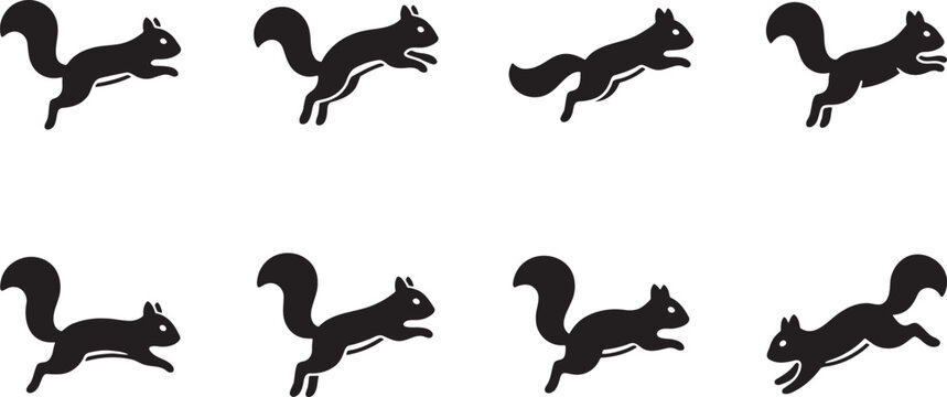 Black silhouette collection of stroboscopic animation sequence of a wild squirrel jumping through the air