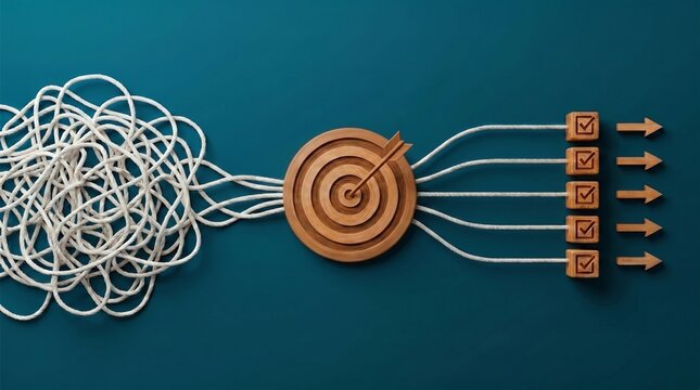 organizing chaos into clear business goals and actionable plans, a Tangled string going through a wooden target block and becoming straight lines with checkmarks