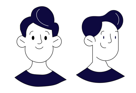 Male avatar head rotation asset sheet, Character model sheet front and profile view, Minimalist line art man portrait vector