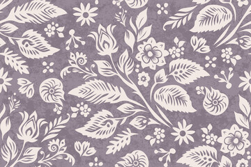 Muted Lavender and Cream Floral Seamless Pattern, Vintage Slavic Chintz Folk Art Wallpaper, Ornate Damask Rose Surface Design, Textured Fabric Vector, Traditional Paisley Khokhloma Repeat Pattern © supachai