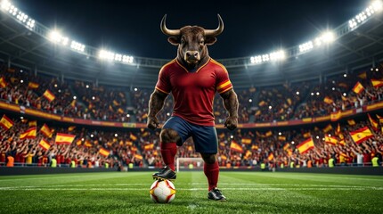 Naklejka premium Ultra Realistic Spanish Bull Football Spanish Bull Representing Spain on Soccer Stadium
