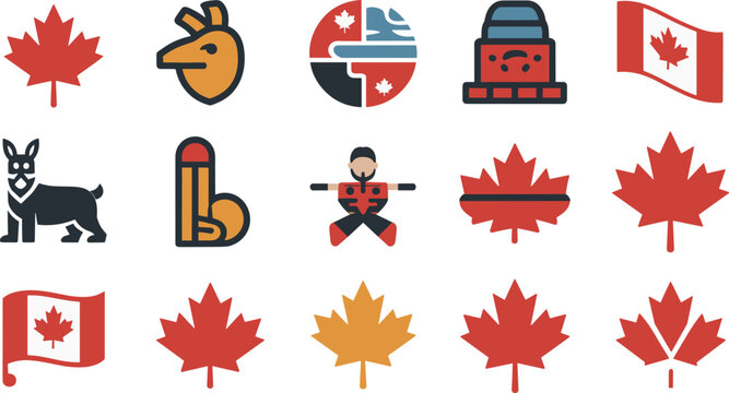 Canadian symbols collection icons featuring maple leaves wildlife mounties and national flags