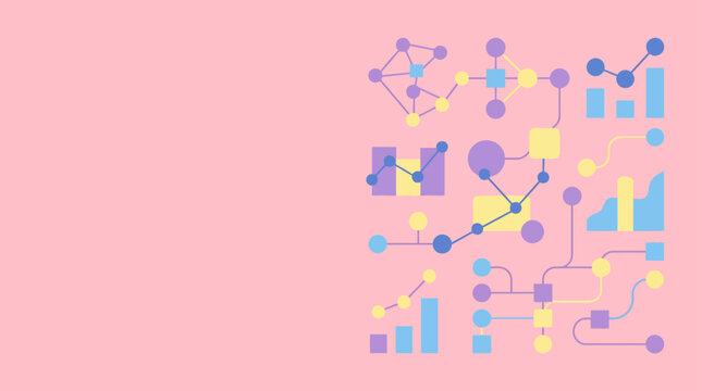 Abstract network of nodes and lines with geometric shapes and bar charts in pastel colors on a pink background, graphic element concept