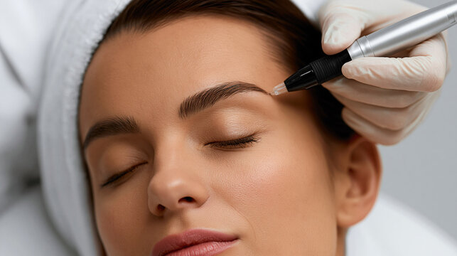 Cosmetology education for permanent makeup eyebrows in a beauty esthetic center, training and professional development concept, with copy space