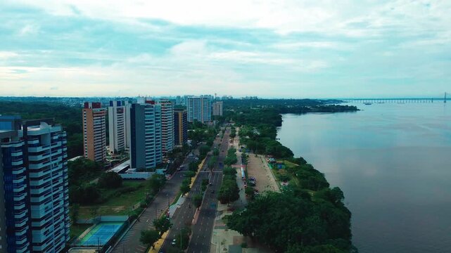 Aerial Morning View of Ponta Negra Waterfront in Manaus, Amazonas, Brazil