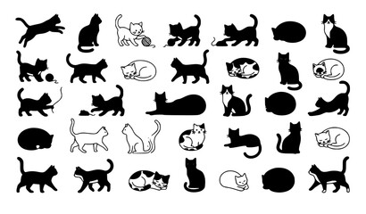 Different cats icon set vector outline feline symbols isolated on white © MdMiraz