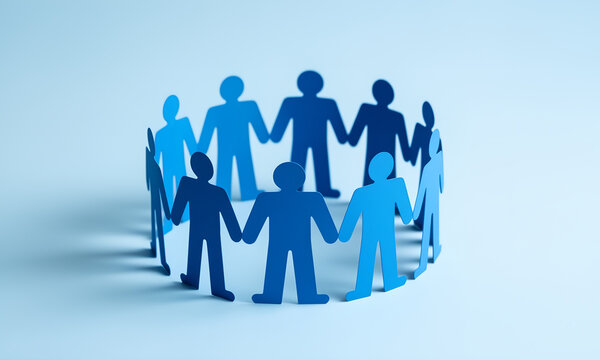 A circle of blue paper cutout figures holding hands representing community and teamwork.