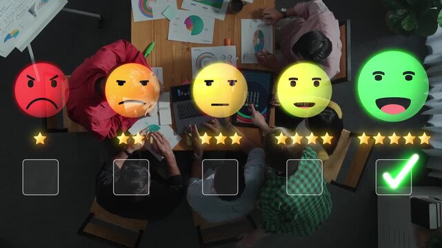 A diverse team engages in a collaborative feedback session, analyzing charts and graphs while expressing emotions. Ideal for business, teamwork, and productivity themes. Raster