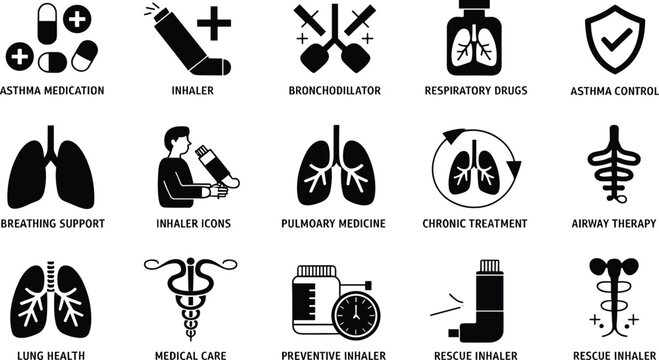 Asthma treatment and respiratory care icon set, inhaler medication symbols, pulmonary health, breathing therapy collection