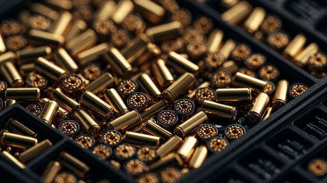 Many shiny golden shotgun shell casings arranged neatly inside a black plastic storage organizer case tray