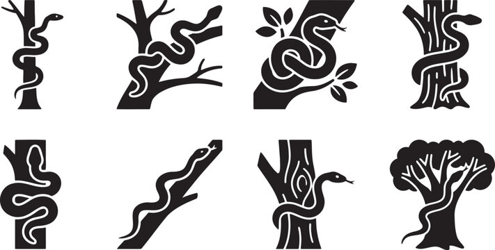 Wild snakes slithering and coiling around tree branches and trunks