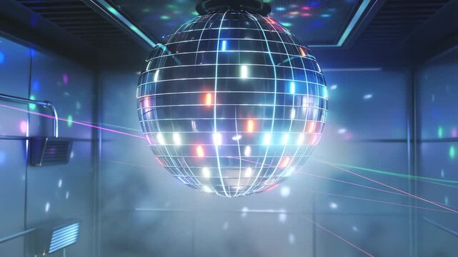Spinning disco ball illuminates room with colorful laser lights and reflective patterns