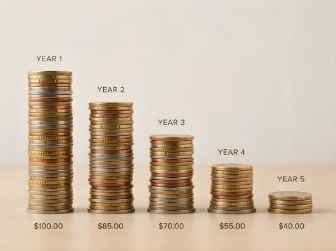 Stacks of coins showing decreasing profit over five years