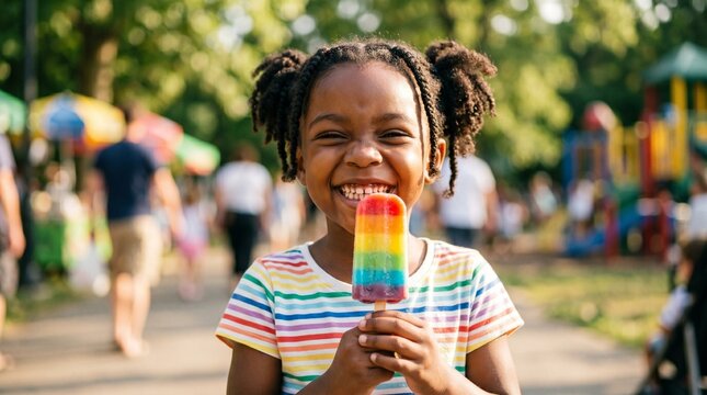 Joyful young Black girl eating a rainbow popsicle at a park on a sunny day