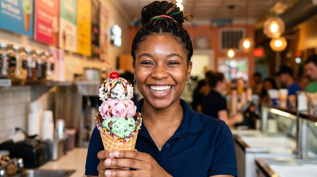 Smiling young woman holding a large ice cream cone with three scoops and a cherry on top in an ice cream shop