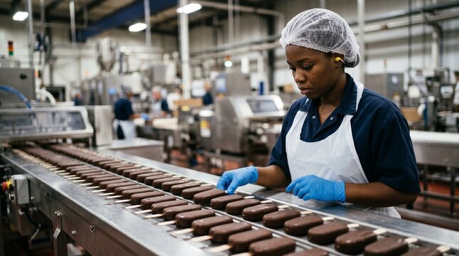 Food factory worker inspecting chocolate ice cream bars on a conveyor belt