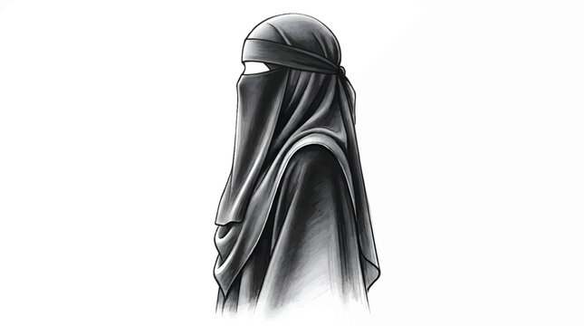 A woman wearing a niqab stands facing forward with her face partially covered