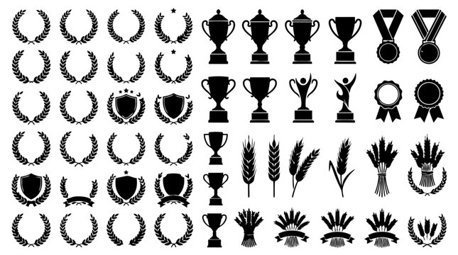 Collection Of Black Silhouette Trophies Laurels And Wheat Stalks On White Background