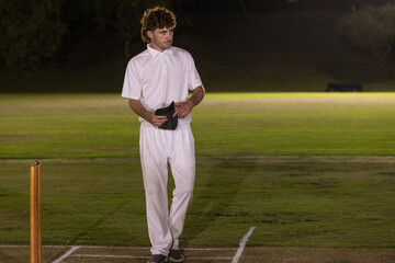 Obraz premium Wooden cricket stumps are standing on pitch at night with dark cap and floodlights casting glow