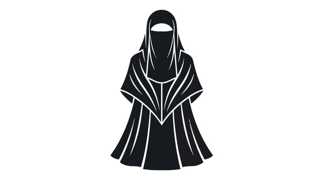 A woman wearing a niqab and a long dress with white accents stands confidently in a neutral background