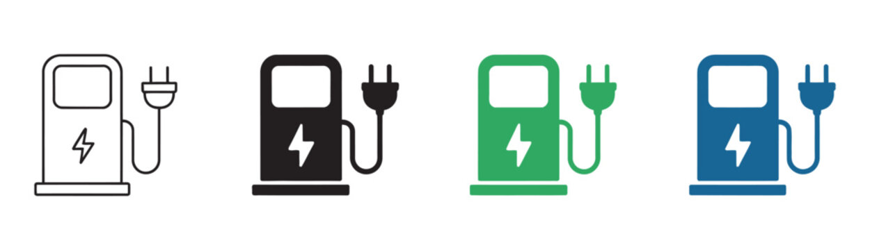 EV charging station icon set, electric vehicle charger symbols, plug energy charging point and battery station signs for green mobility design