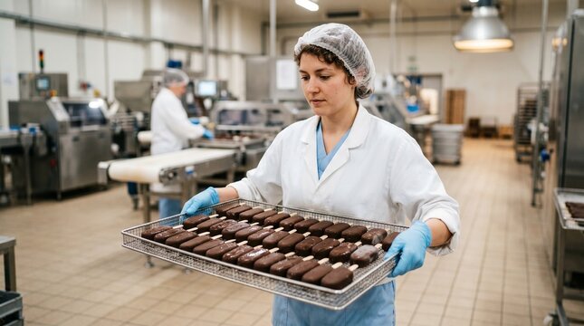 Food factory worker holding tray of chocolate ice cream bars on production line