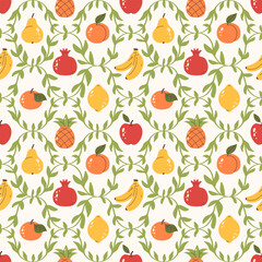 Fototapeta premium Seamless pattern with fruits and floral ornaments on a light background