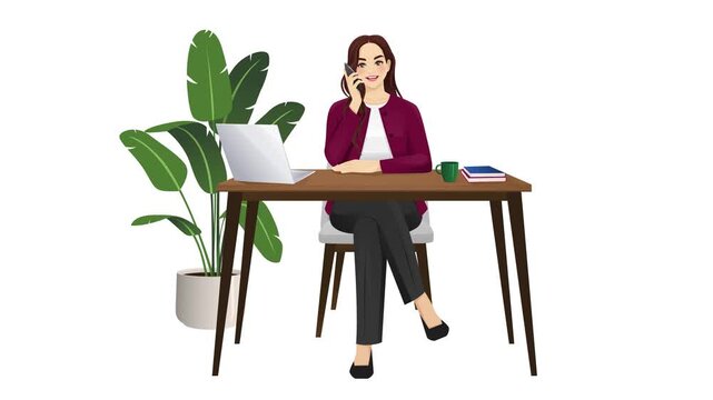 Loopable 2D vector animation of businesswoman sitting at desk and talking on phone. Subtle movement and blinking on white background	