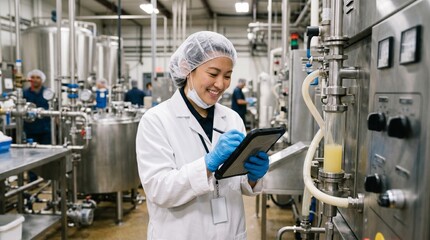 Naklejka premium Female scientist in lab coat and hairnet checking tablet in food production facility