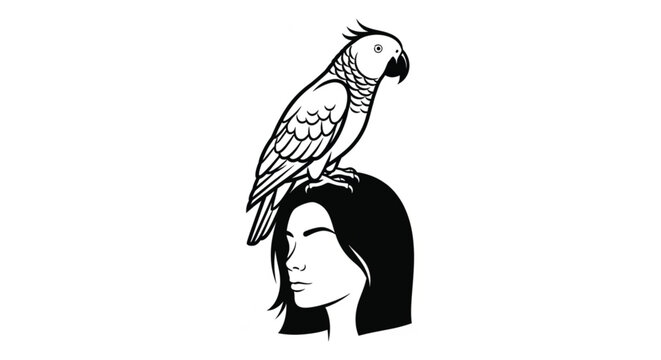 Woman with parrot on her head.
