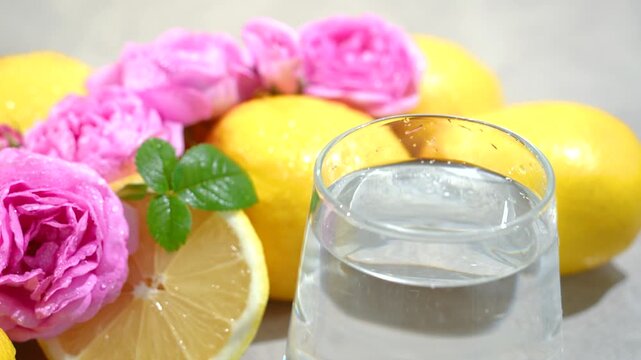 Air bubbles in a water machine, a concept of pure water enriched with vitamins, lemon, and rose