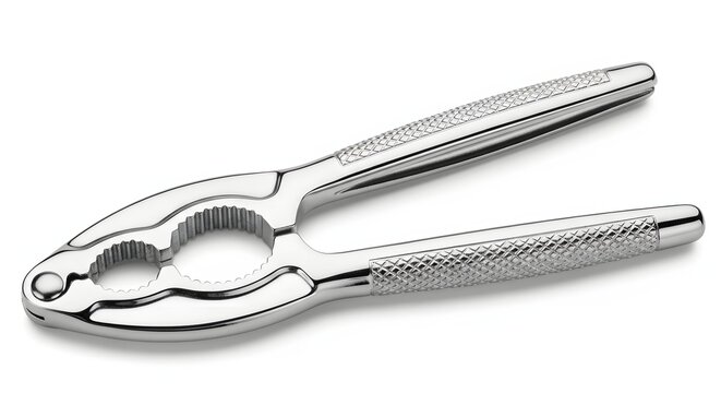 Chrome nutcracker tool with textured handles isolated on white background.