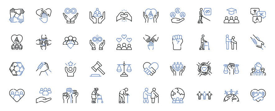 Inclusivity, Accessibility, Diversity and Community Support Line Icons Set Editable Stroke Vector Illustration