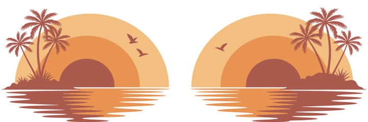 Tropical island sunset set, flat vector beach scenery with palm trees sea sunset and birds for travel holiday concept design © Alamin vai vision 3