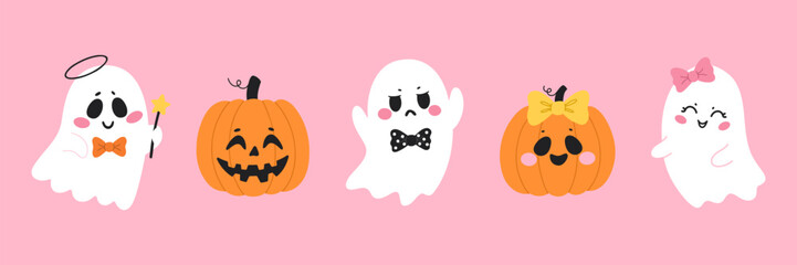 Obraz premium Halloween ghost and pumpkin jack o lantern characters collection. Spooky spirits with angel halo magic star wand and hair bows. Autumn holiday party graphic elements pink background vector