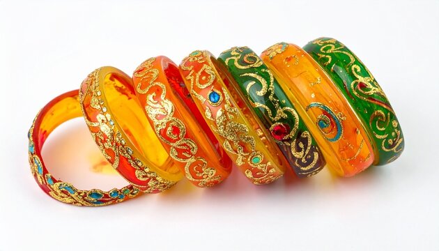 Gold bangles with intricate designs, vibrant red, pink, orange, and purple accents, featuring floral patterns, enamel detailing, and embedded stones, traditional festive jewelry style.