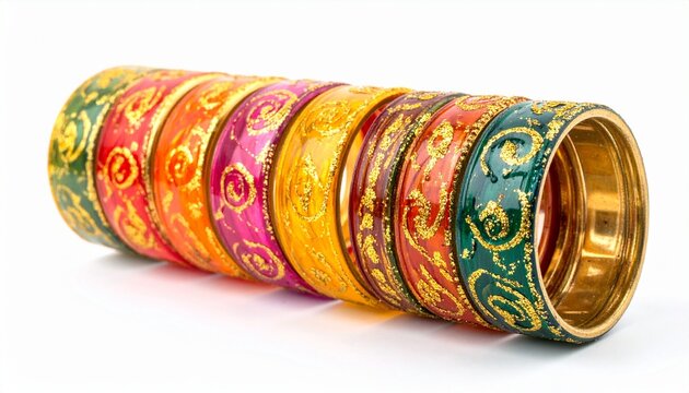 Gold bangles with intricate designs, vibrant red, pink, orange, and purple accents, featuring floral patterns, enamel detailing, and embedded stones, traditional festive jewelry style.